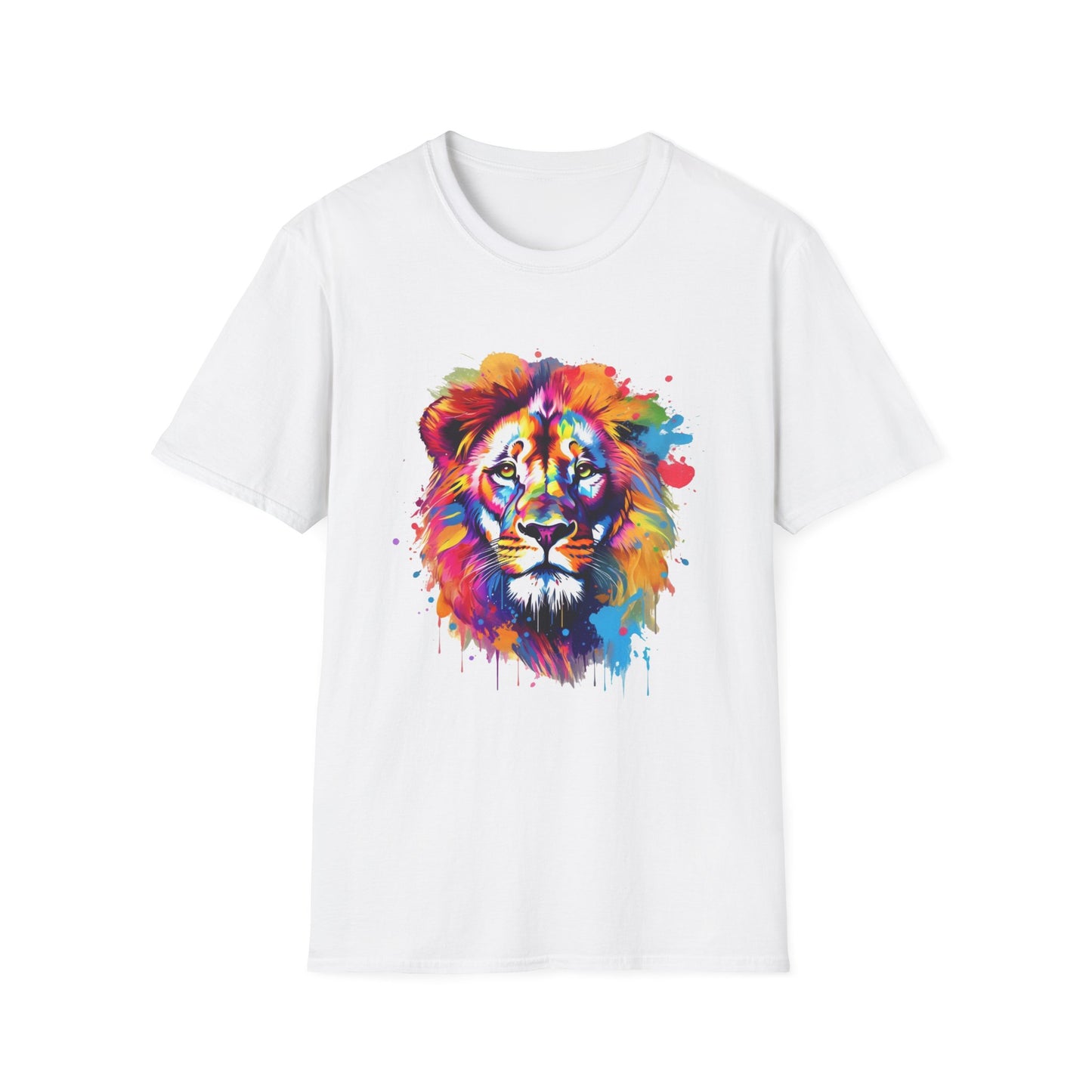 Vibrant Lion Graphic Tee, Colorful Animal Shirt, Unisex Softstyle T-Shirt for Wildlife Lovers, Festival Wear, Gift for Nature Enthusiasts